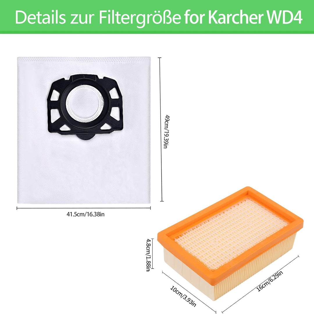 10 Staubsaugerbeutel + 2 Filter für Kärcher 2.863-006.0 KFI 487 WD4 WD5 WD6 WD5P WD6P Premium MV4 MV