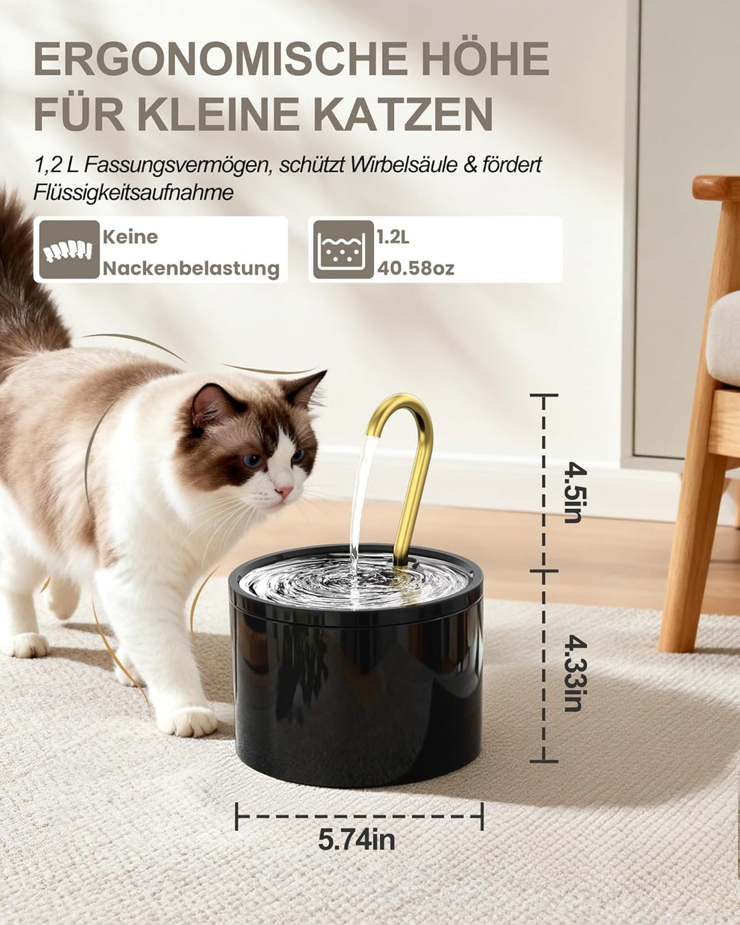 Kittyspout Katzenbrunnen Keramik, 1.2L Trinkbrunnen mit 3 Wasserstufen und Kupferrohr, Leiser Trinkb