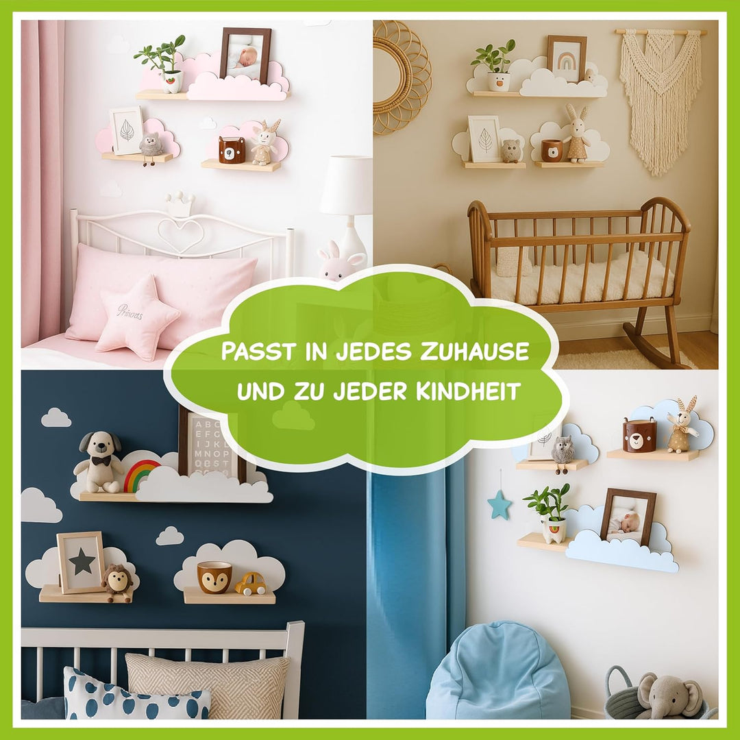 Outentin Wandregal Wolke aus Holz – 3er Set Kinderregal für Kinderzimmer & Babyzimmer – Handgefertig