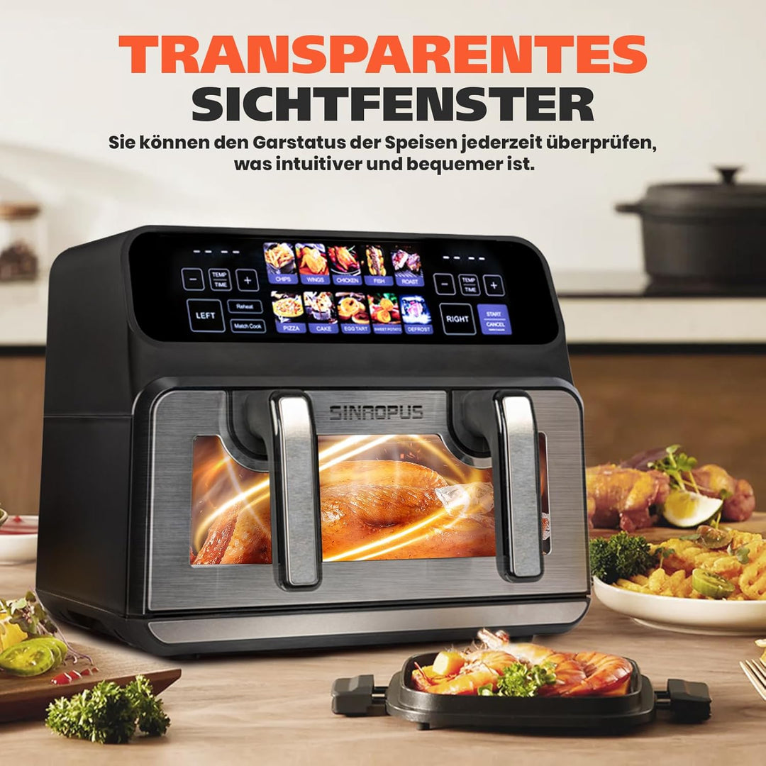Dual Zone 9L-802TS Heissluftfritteuse, XXL Doppelkammer 2200W Heissluftfritteuse mit Trennwand, LED