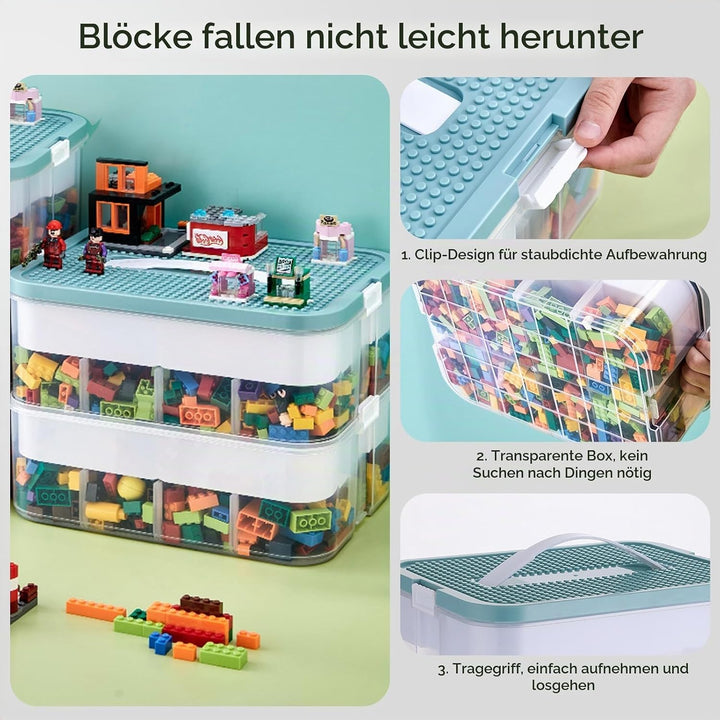 Kinder Aufbewahrungsbox mit Deckel für Lego Bausteine, 2 Stufen Aufbewahrungsboxen für Lego, Stapelb