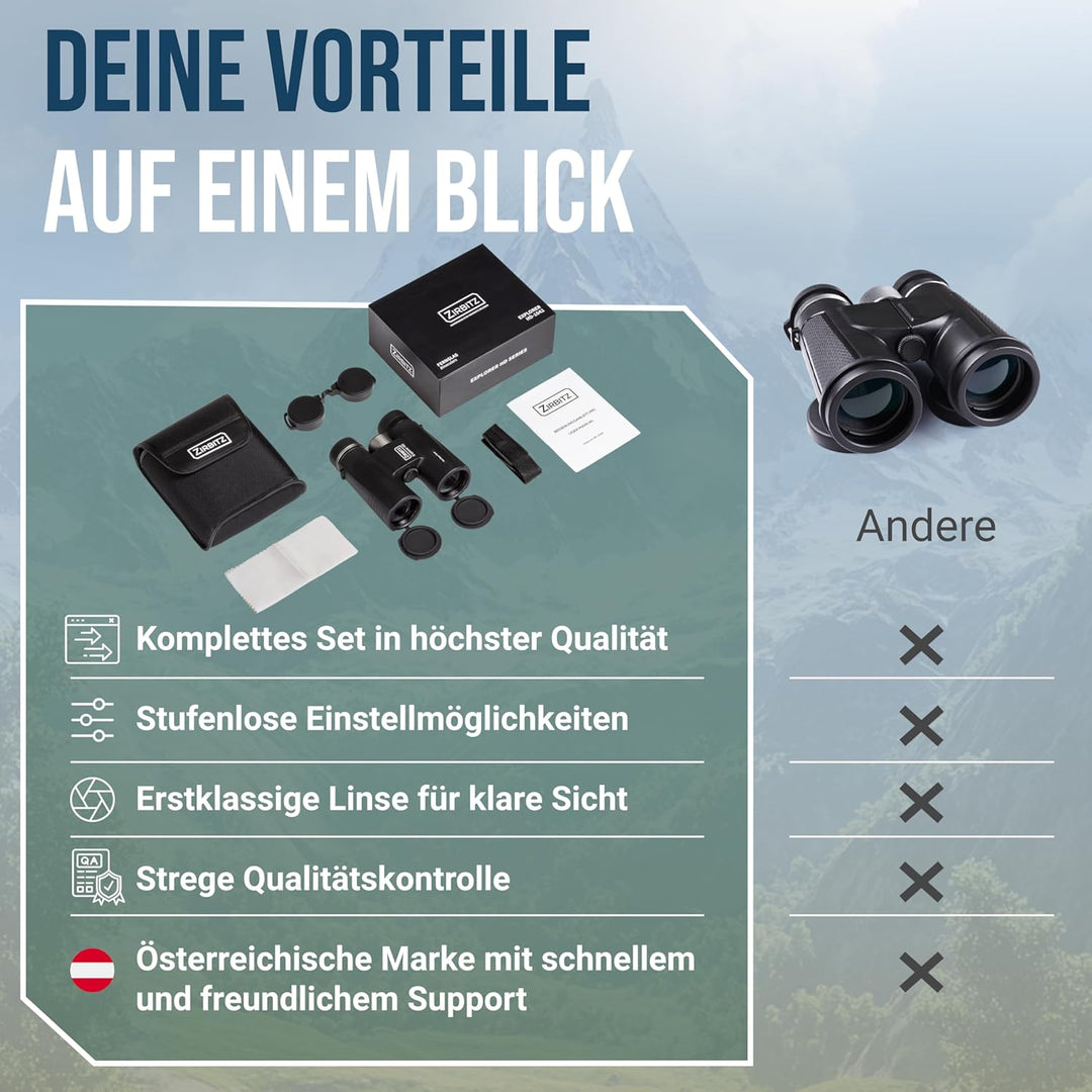 ZIRBITZ® HD Fernglas - Kompaktes und Leistungsstarkes Fernglas für Wandern, Vogelbeobachtung und Rei