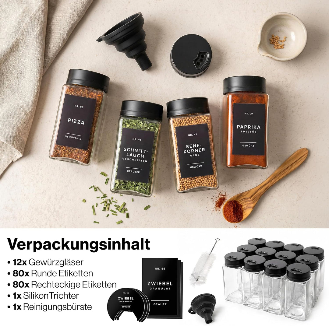 EDELHAUS Gewürzgläser Eckig Set mit Schwarzem Verstellbarerem Deckel (12 x 200 ml) Gewürzstreuer mit