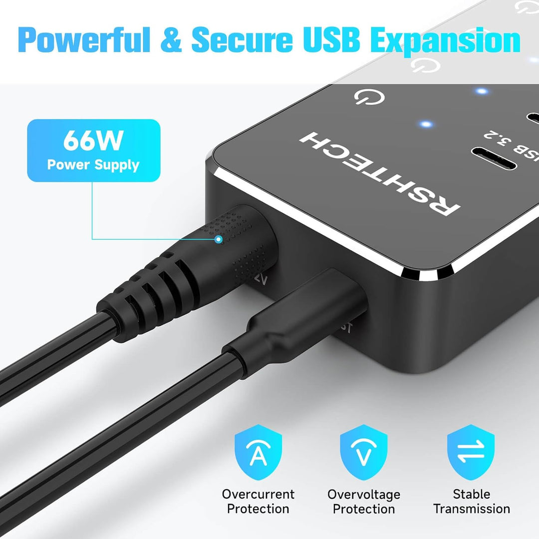 RSHTECH 10 Ports USB C Hub mit Netzteil - 3 USB 3.2 Gen 2 (2 Type C*1 Type A), 4 USB 3.0 (2 Typ C*2