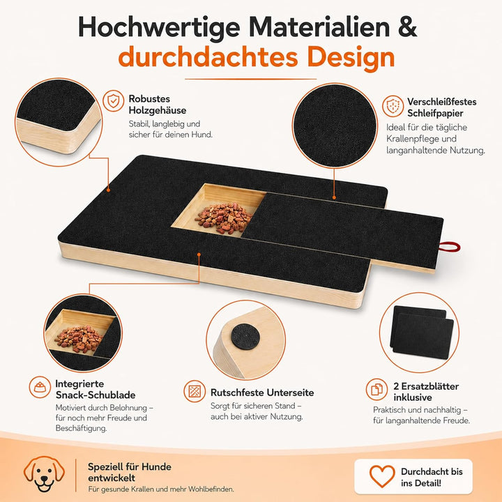 Krallenschleifer für Hunde, Holz Kratzbrett 35x25x3cm mit Leckerlibox | mit 2 Schleifpapieren, stres