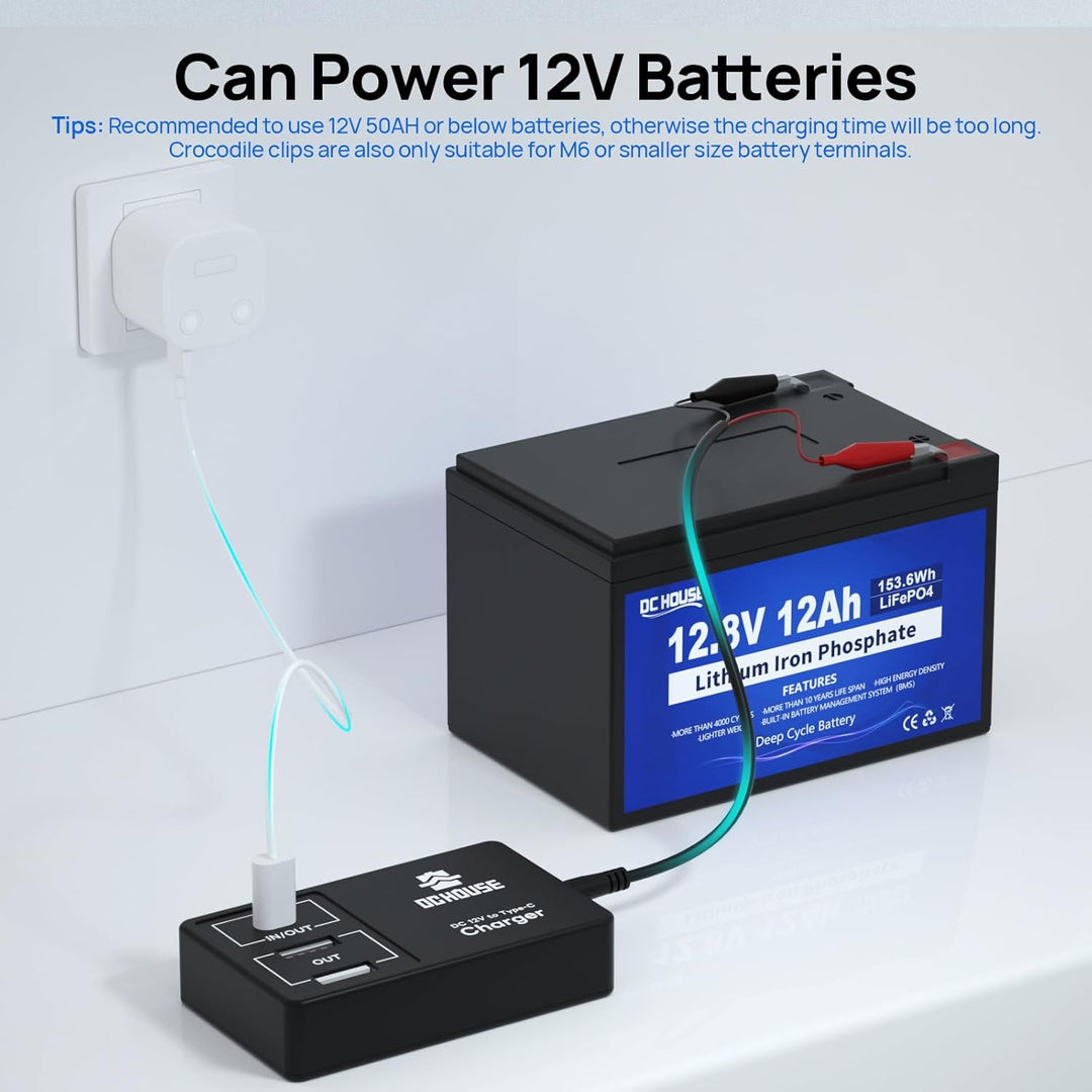DCHOUSE 12V Lithium Batterie Ladegerät Adapter Konverter, DC zu Typ-C & USB,Bidirektionales Laden un