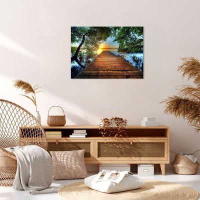 ARTTOR Bilder auf Leinwand Brücke See Leinwandbild mit Rahmen 70x50cm Wandbilder Dekoration Wohnzimm