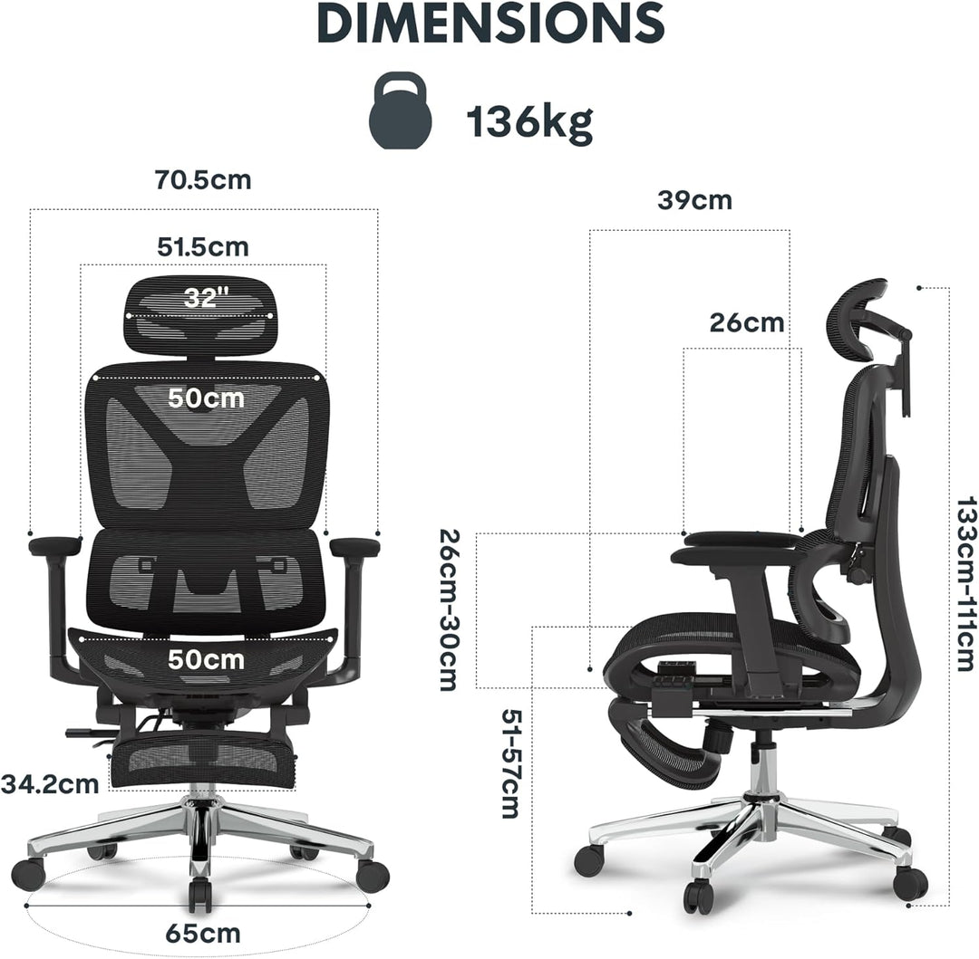 FLEXISPOT Ergonomischer Bürostuhl Schreibtischstuhl mit Fussstütze, 3D-Armlehnen, 3D-Kopfstütze, 5D-