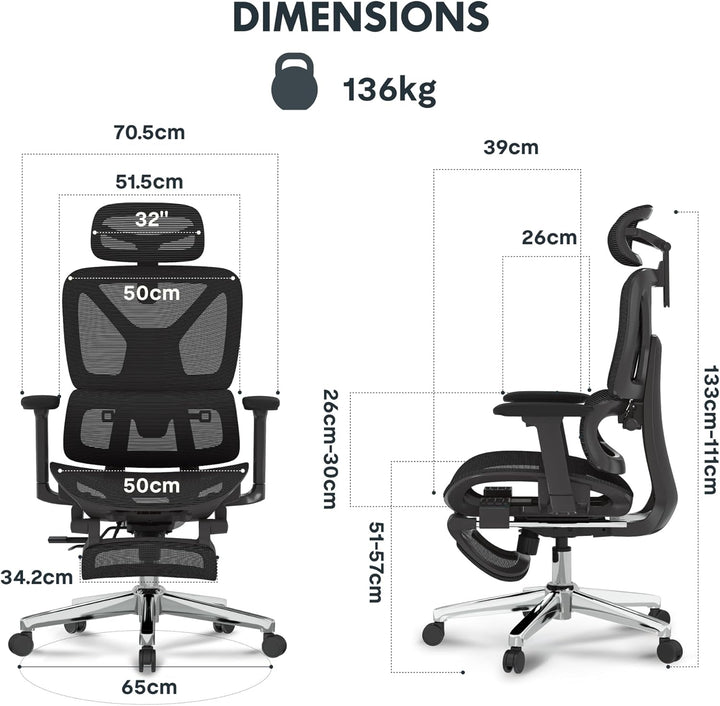 FLEXISPOT Ergonomischer Bürostuhl Schreibtischstuhl mit Fussstütze, 3D-Armlehnen, 3D-Kopfstütze, 5D-