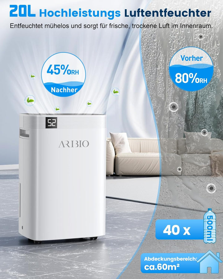 Luftentfeuchter Elektrisch,20L/Tag Hochleistungs Entfeuchter,Raumentfeuchter mit LED Anzeige,Wäschet