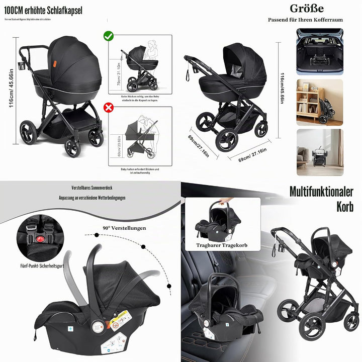 Kinderwagen 4 in 1, Buggy mit Zwei Umkehrbaren Schiebemodi, Kinderwagen mit Rahmen Aluminiumlegierun