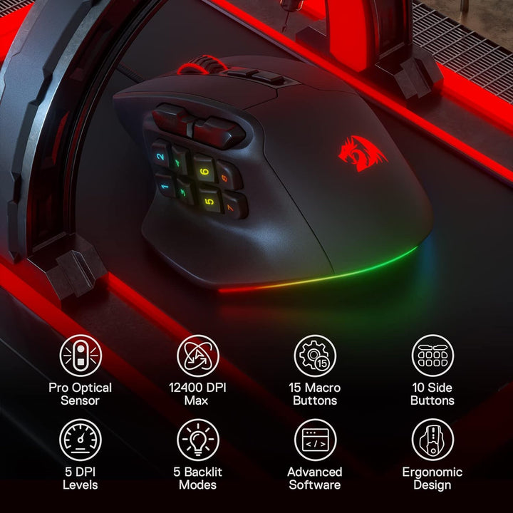 Redragon M811 Aatrox MMO Gaming Maus, 15 programmierbare Tasten kabelgebundene RGB Gamer Maus mit er