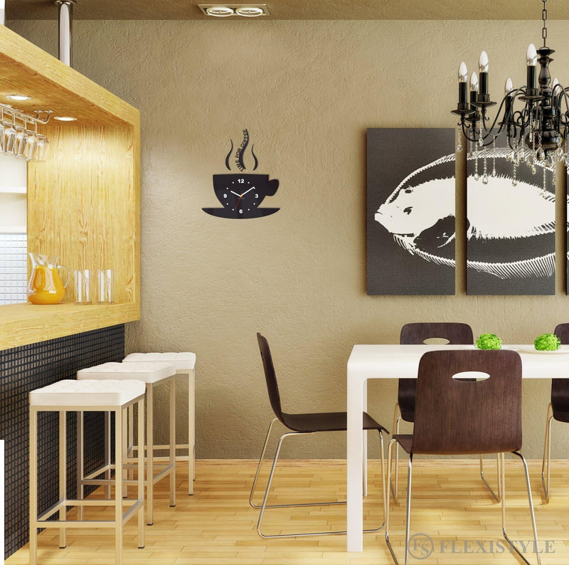 FLEXISTYLE Tasse Zeit für Kaffee Moderne Küche Wanduhr, schwarz, 3D römisch, wanduhr deko, Schwarz