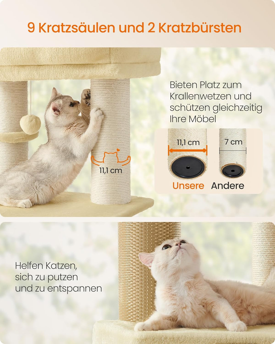 Feandrea Kratzbaum, mit warmen Decken, für grosse Katze, Katzenbaum, 2 Katzenbürsten, 11,1 cm d Dick