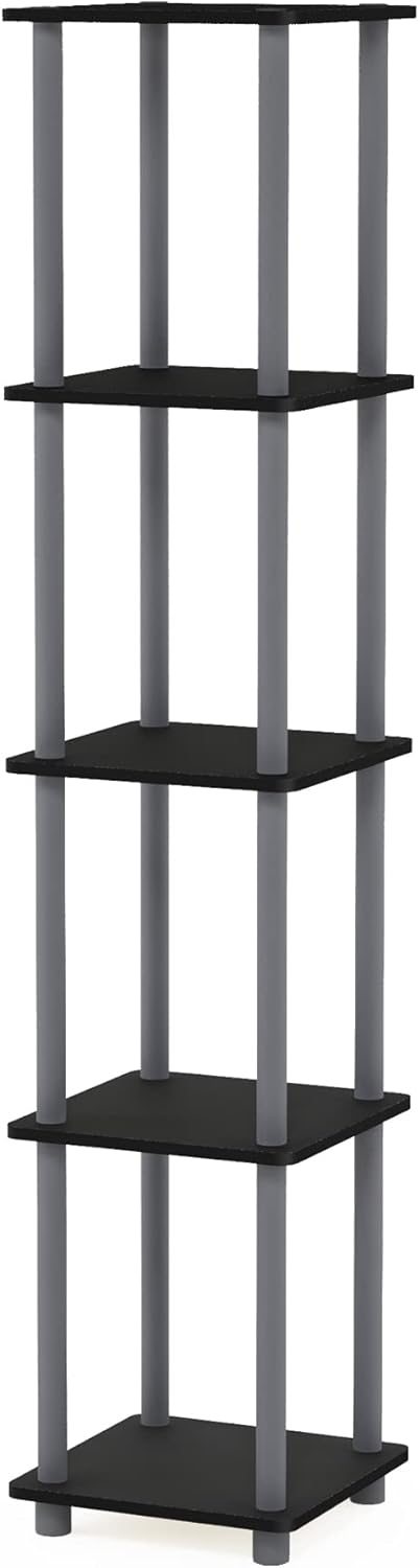 Furinno Viereckiges Regal mit 5 Ebenen, schwarz/grau, 29.46 x 29.46 x 146.56 cm Runde Rohre Schwarz/