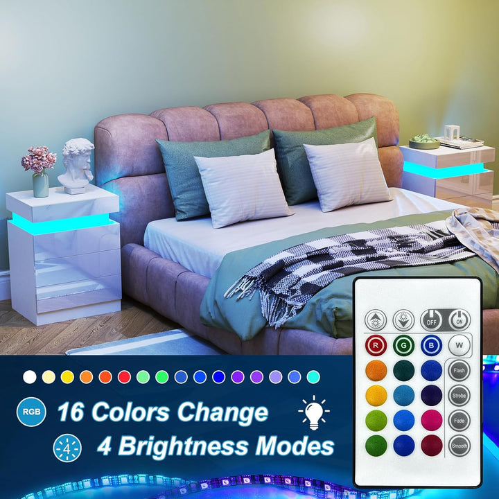 Lvhcmfohm Nachttisch Weiss mit Led, Nachtschrank, Nachtkommode mit 2 Schubladen und Schränke mit Kla