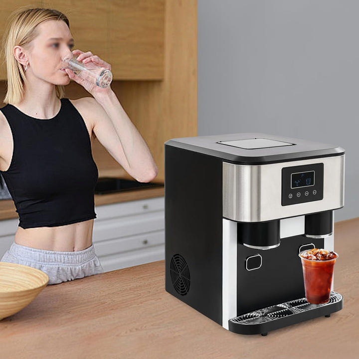 Eiswürfelmaschine Edelstahl, 16 Eiswürfel in 9 Minuten, 3-in-1-Eiswürfelbereiter mit Eiszerkleinerun