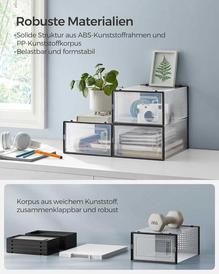 SONGMICS Schuhboxen, 18er Set Schuhkartons durchsichtig, faltbar und stapelbar, bis Grösse 44, trans