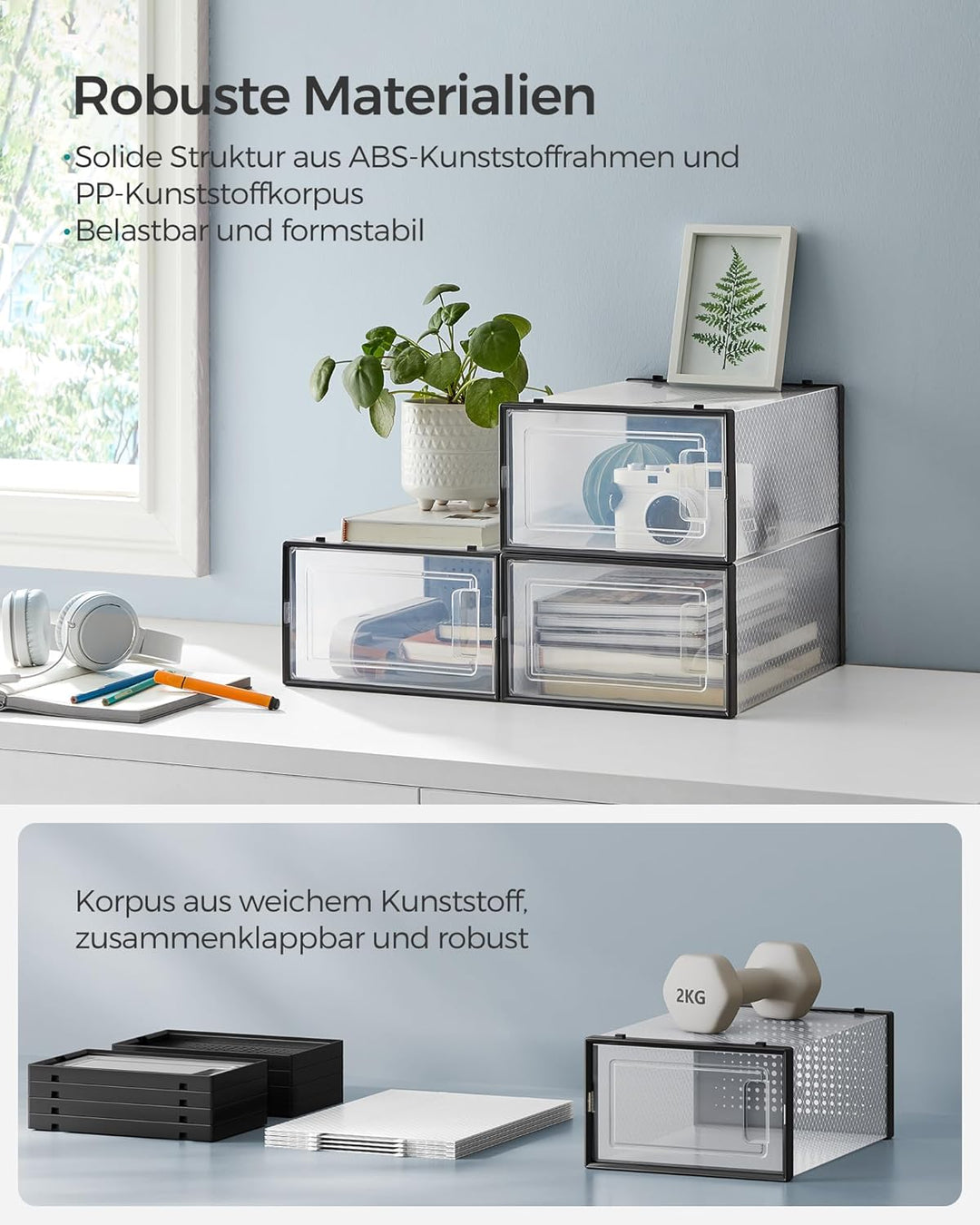 SONGMICS Schuhboxen, 18er Set Schuhkartons durchsichtig, faltbar und stapelbar, bis Grösse 44, trans