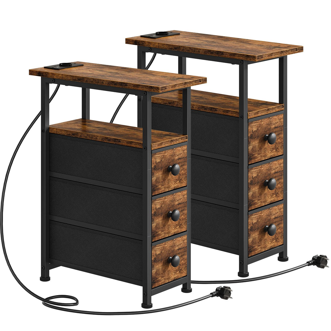 HOOBRO Nachttisch mit Ladestation, 2er-Set, 1 Standardsteckdose, 2 USB-Anschlüsse, schmaler Beistell