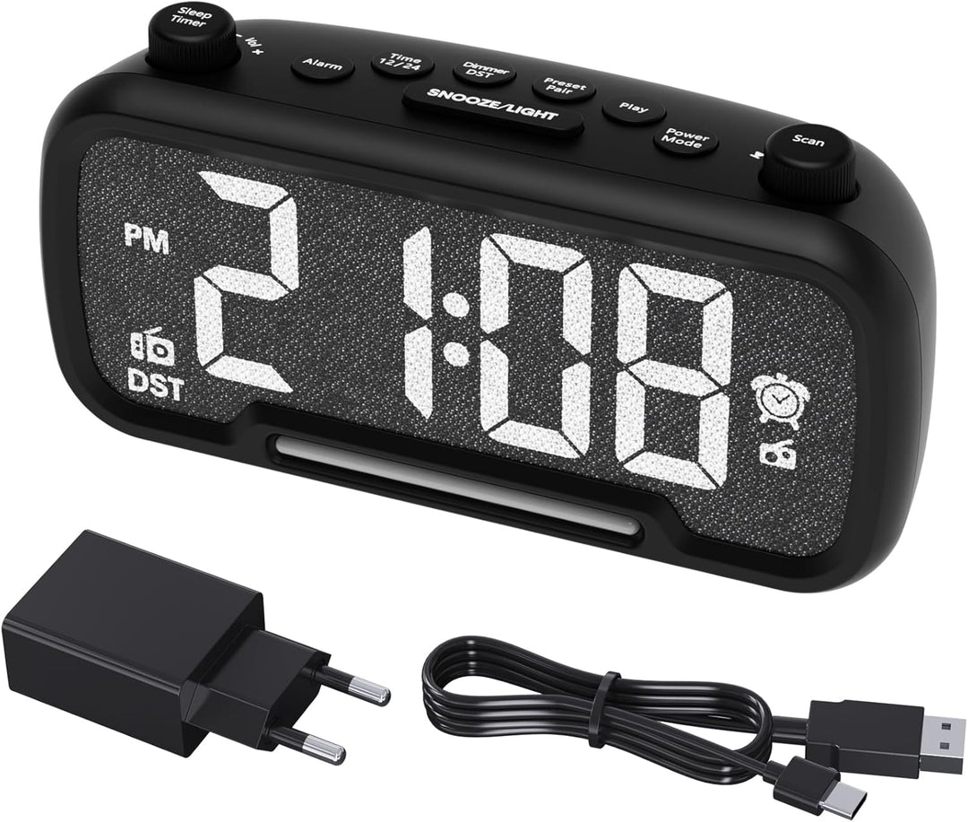 Radiowecker mit Bluetooth-Lautsprecher, Digitaler Wecker mit Typ-C Ladeanschluss, Nachtlicht, Snooze
