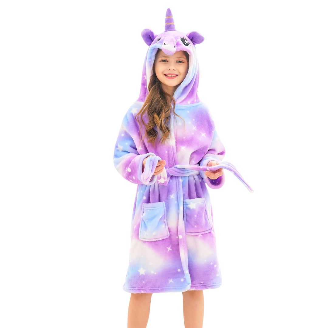 Ceruwum Einhorn Bademantel für Mädchen Weich Fleece Morgenmäntel mit Kapuze 4-5 Jahre Lila Sterne, 4