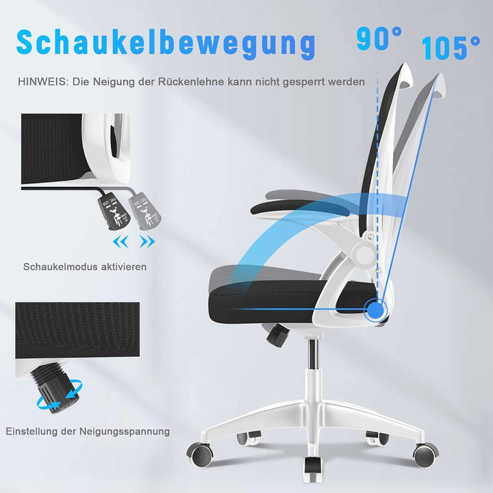 rattantree Bürostuhl mit Hochklappbaren Armlehnen, Ergonomischer Schreibtischstuhl mit Lendenwirbels