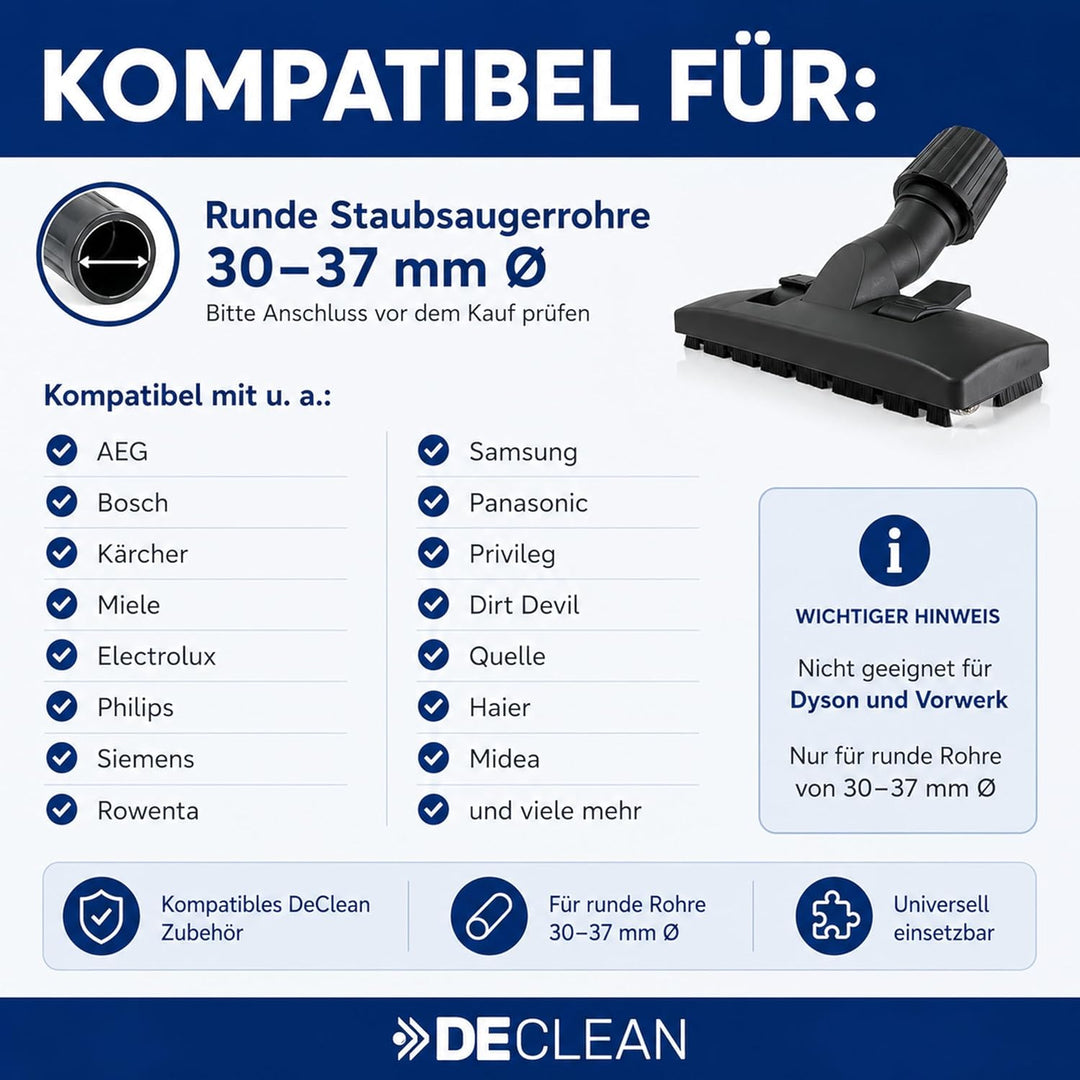 DeClean PREMIUM universale 30-37mm Staubsaugerdüse Kombidüse Hartbodendüse Rohre 30-37 mm kompatibel