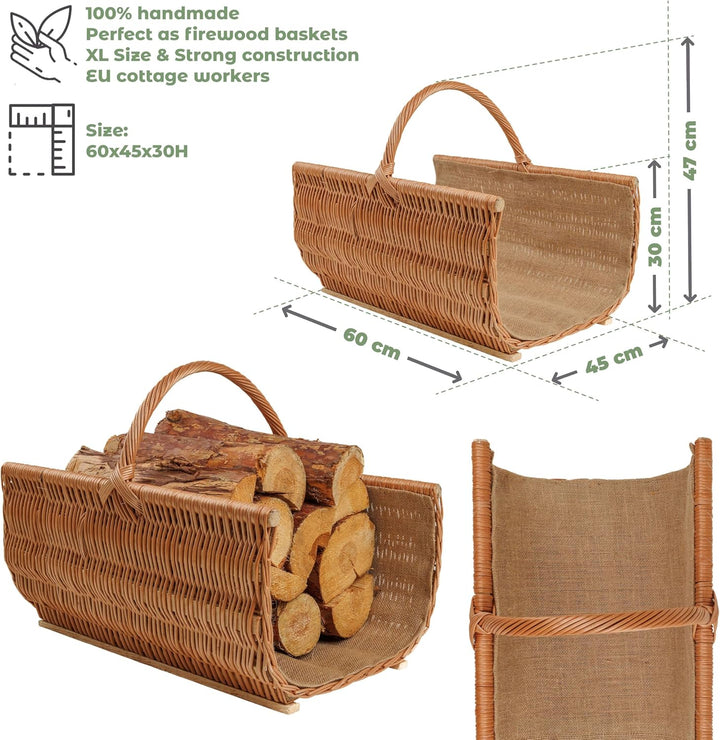 BOGATECO Weidenkorb mit Griff | Grosser Kaminkorb 60X45X30 | Handgewebt | Holzkorb mit Verstärkung 6