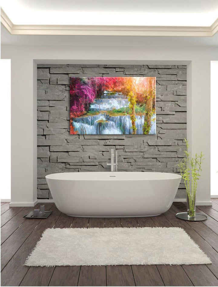 Pixxprint Wasserfall im Regenwald / 100x70cm Leinwandbild bespannt auf Holzrahmen/Wandbild Kunstdruc