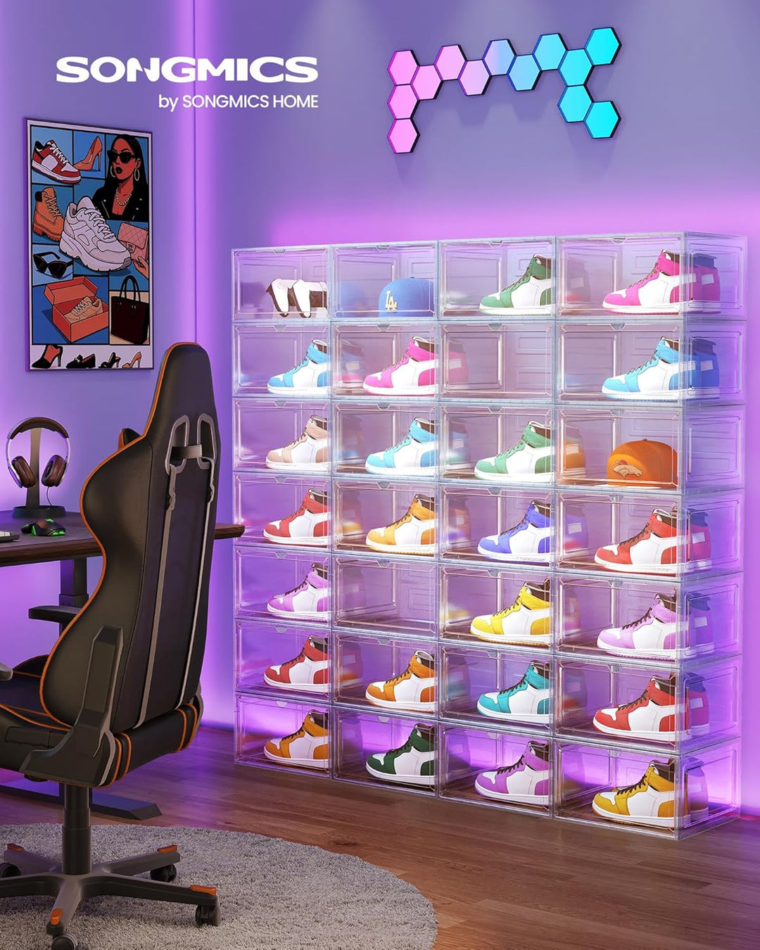 SONGMICS Schuhboxen 6er Set, Schuh-Organizer durchsichtig, aus Kunststoff, mit Tür, stapelbar, 33 x