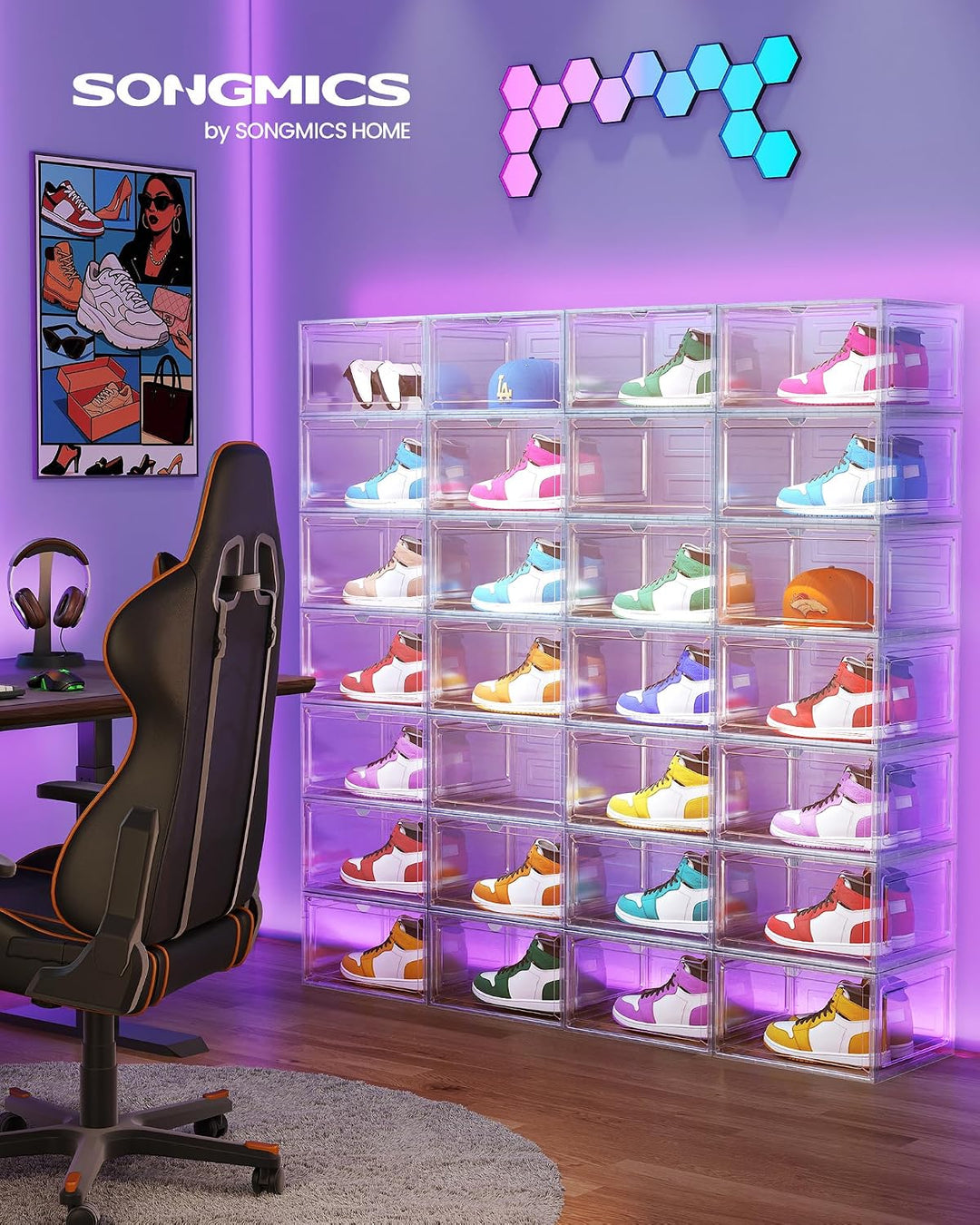 SONGMICS Schuhboxen 8er Set, Schuh-Organizer durchsichtig, aus Kunststoff, mit Tür, stapelbar, 33 x