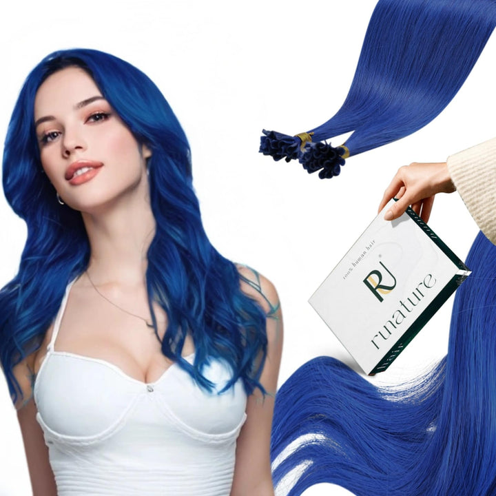 RUNATURE Extensions Echthaar Bondings Blau 50cm Keratin Unsichtbar Menschliches Haar 25 Strähne Haar