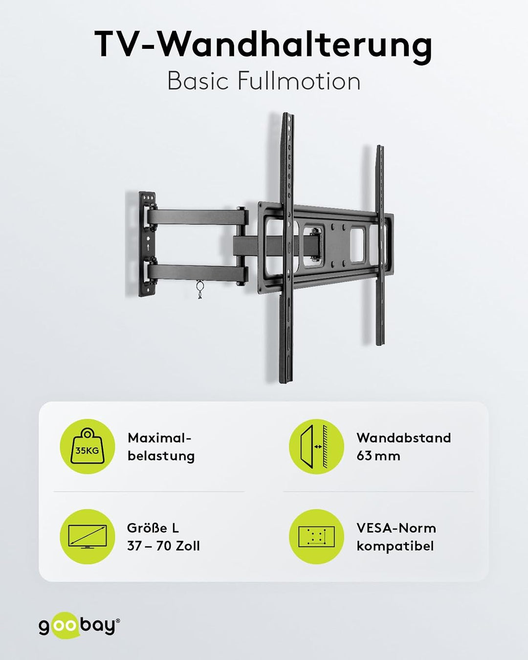 goobay TV-Wandhalterung Fullmotion 37–70 Zoll, schwenkbar ±90°, neigbar, VESA 600x400, bis 35 kg, Ka