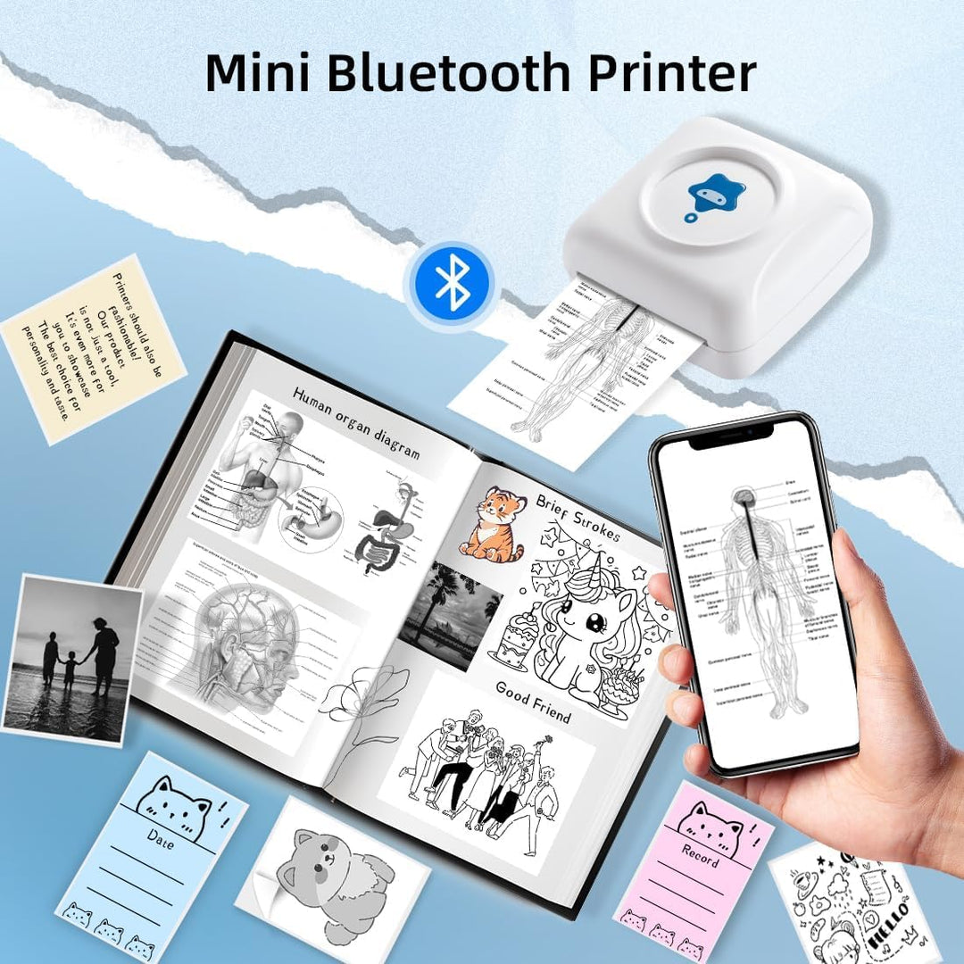 vretti Mini-Drucker TP2-Y Thermodrucker, Aufkleberdrucker kompatibel mit Android & iOS, Mini-Fotodru