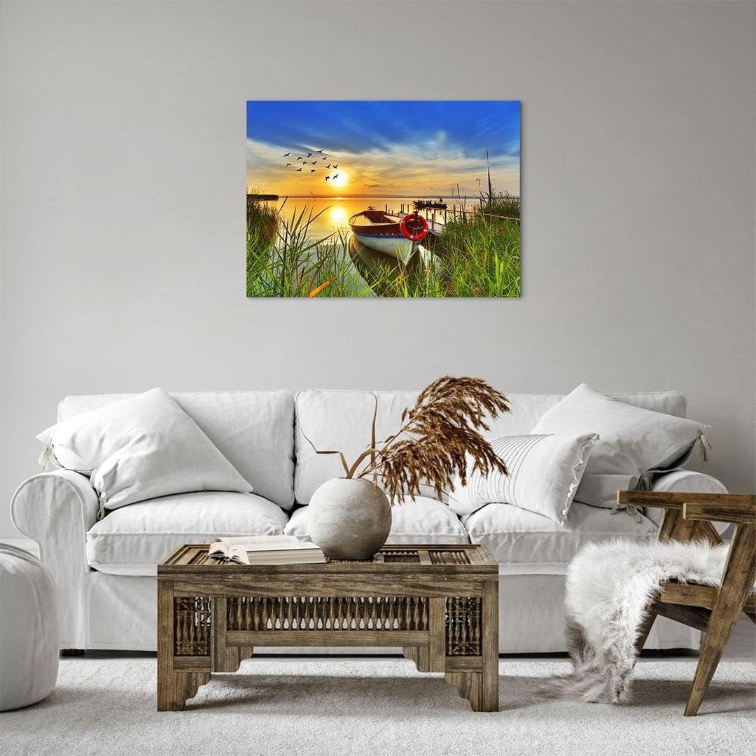 Bilder auf Leinwand Boot See Sonnenuntergang Sommer Menschen Leinwandbild 70x50cm Wandbilder Dekorat