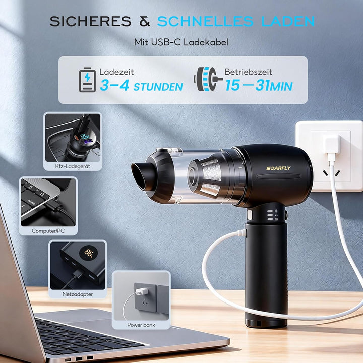 Handstaubsauger Akku, 25000Pa 4 in 1 Auto Mini Staubsauger Kabellos Stark mit LED Licht, 2-Gang Elek