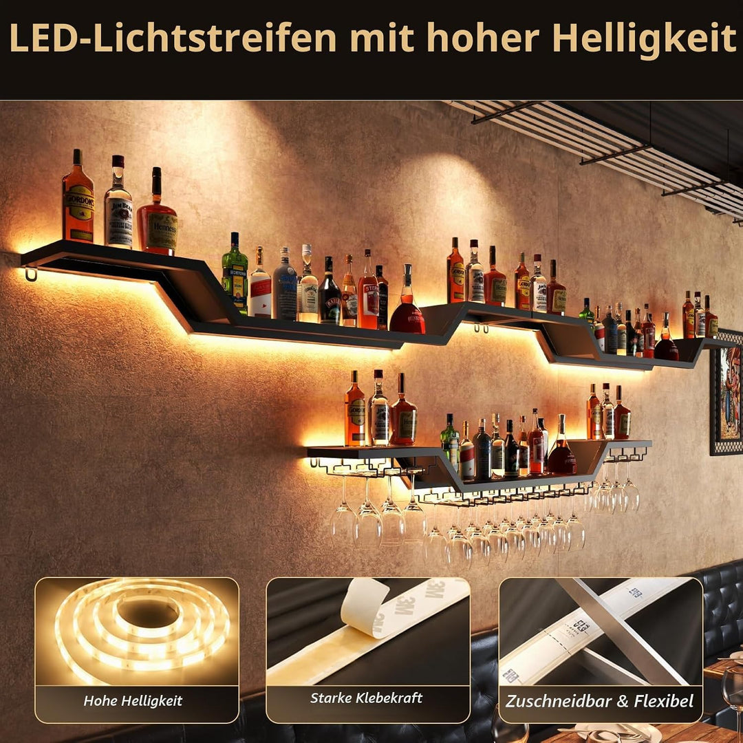 Modernes Wand Weinregal mit LED Beleuchtung, 3 Ebenen Weinpareite Display mit Glashalter, Schwebende