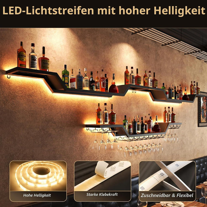 Modernes Wand Weinregal mit LED Beleuchtung, 3 Ebenen Weinpareite Display mit Glashalter, Schwebende