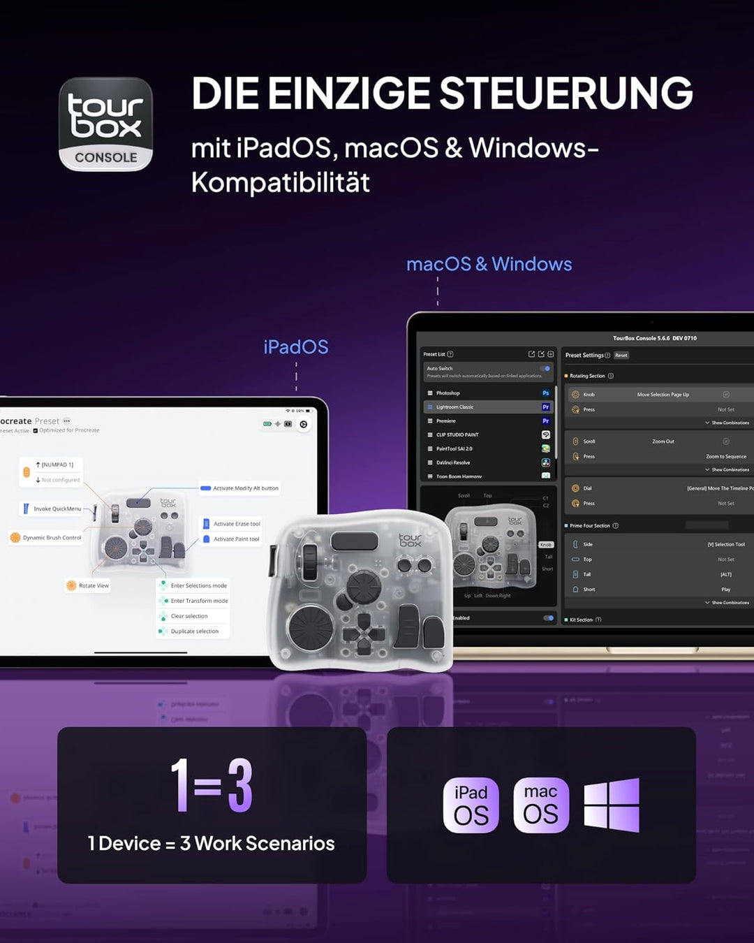 TOUR BOX Elite Plus, iPad-Zeichnen, Bluetooth-Controller für Video- und Foto- Bearbeitung, iPad/Mac/