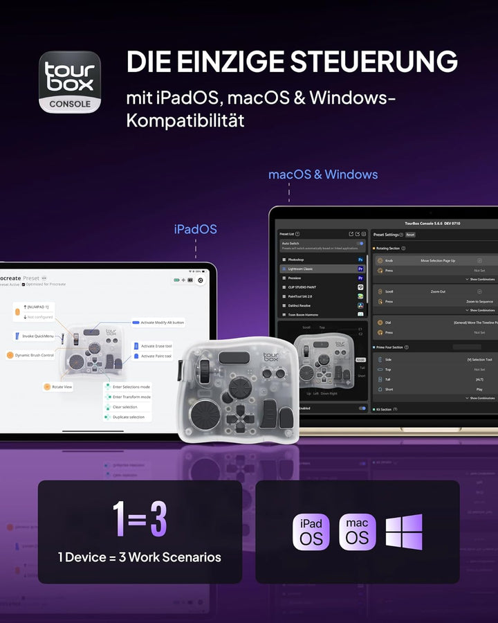 TourBox Elite Plus, iPad-Zeichnen, Bluetooth-Controller für Video- und Foto- Bearbeitung, iPad/Mac/W