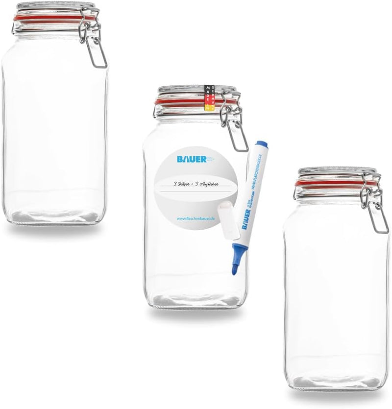 Flaschenbauer- 3 Drahtbügelgläser 2590ml verwendbar als Einmachglas und Fermentierglas, zu Aufbewahr