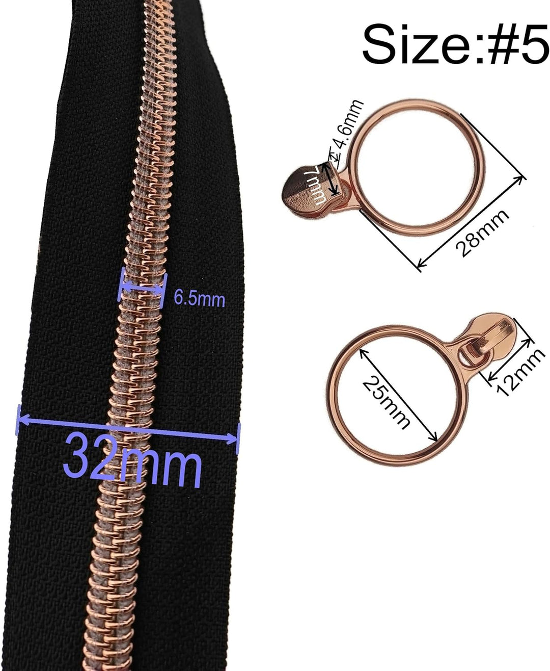 Leekayer 5#Rose Gold Metallic Protrusion Nylon Spule Reissverschluss Meterware Lose 9 Meter Schwarz