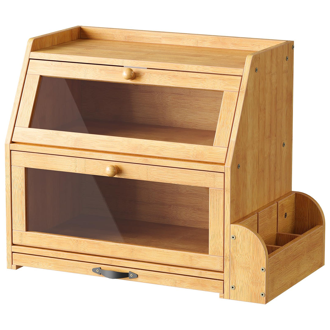 HOOBRO 2-stöckiger Brotkasten Bambus mit Schneidebrett und Besteckhalter, Brotbox mit Acryltüren, Br