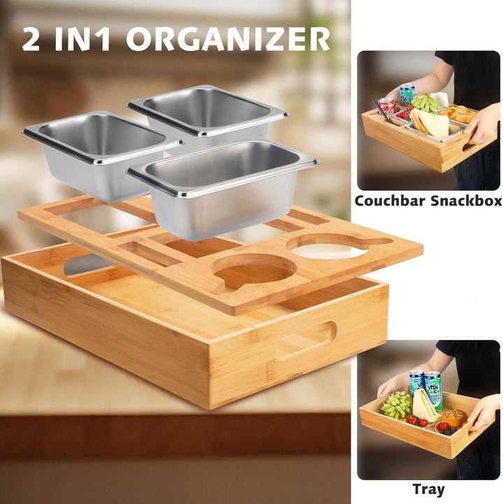 Couchbar Snackbox, Snackspender mit 3X Snackschalen, Abnehmbarer Deckel, Sofatablett aus Holz, Couch