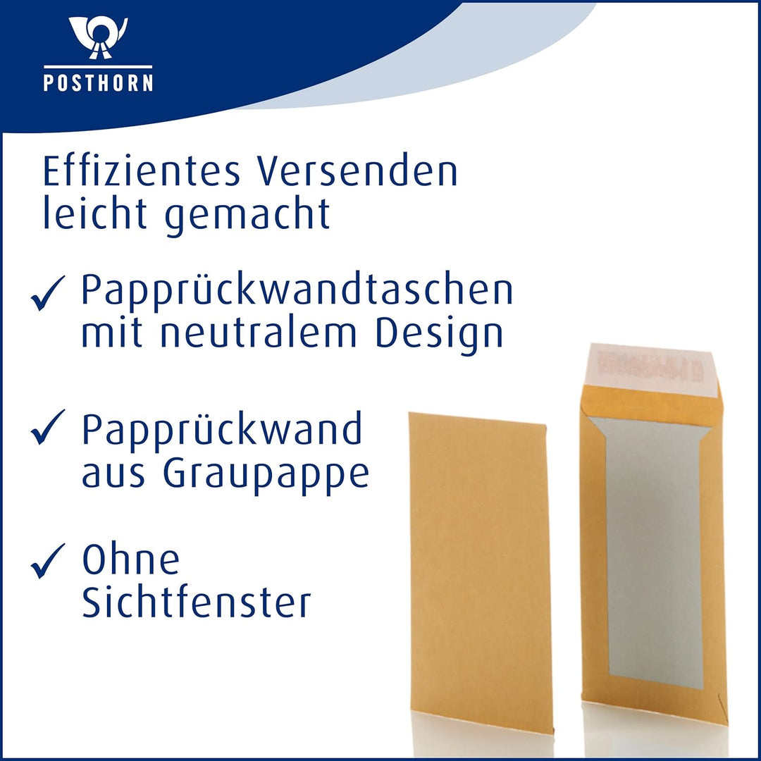 POSTHORN Papprückwandtasche (100 Stück), haftklebende Versandtasche mit Papprückwand, braune Versand