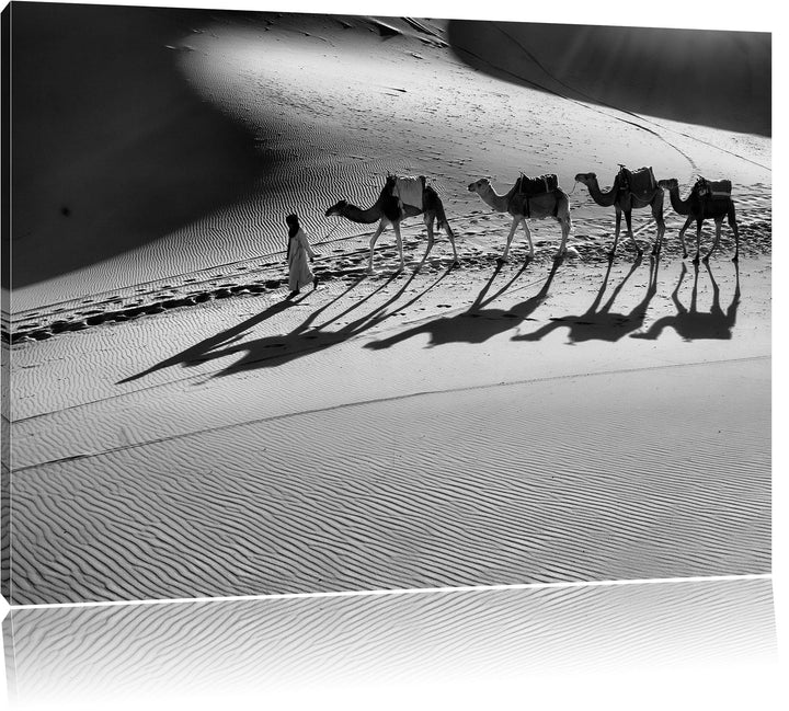 Pixxprint Monocrome, Kamelkarawane in der Wüste, Format: 100x70 auf Leinwand, 100x70