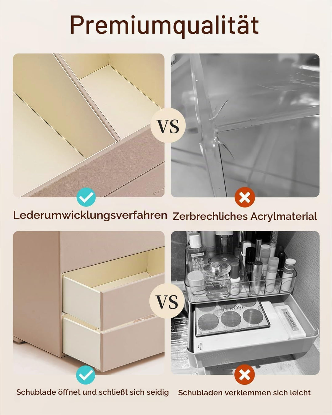 VLANDO Make up Organizer mit 3 Schubladen, Schminktisch Kosmetik Skincare Parfüm Organizer, für Bade