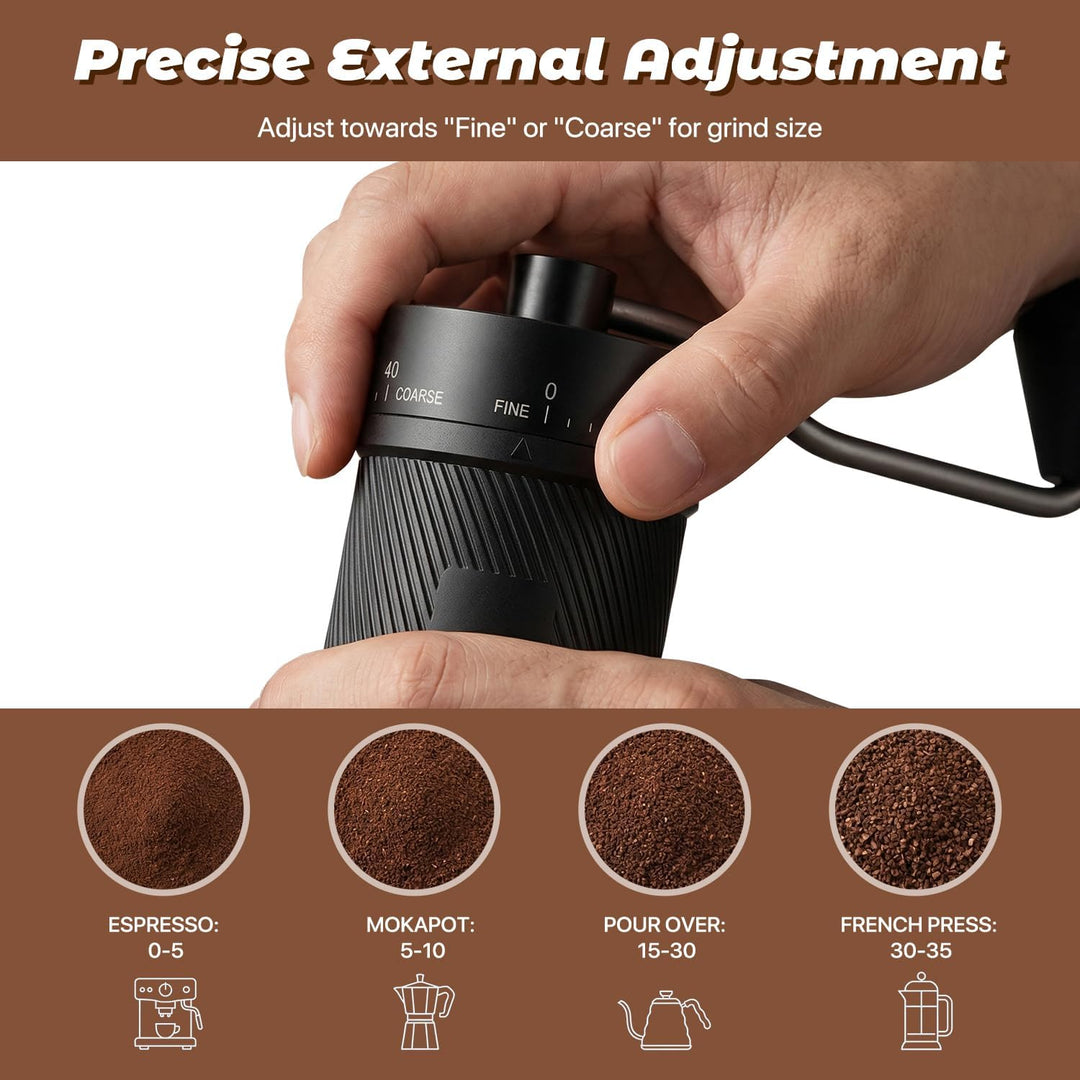 Manuelle Kaffeemühle mit 40 extern einstellbaren Mahlstufen, tragbare Kaffeemühle für Espresso, Pour