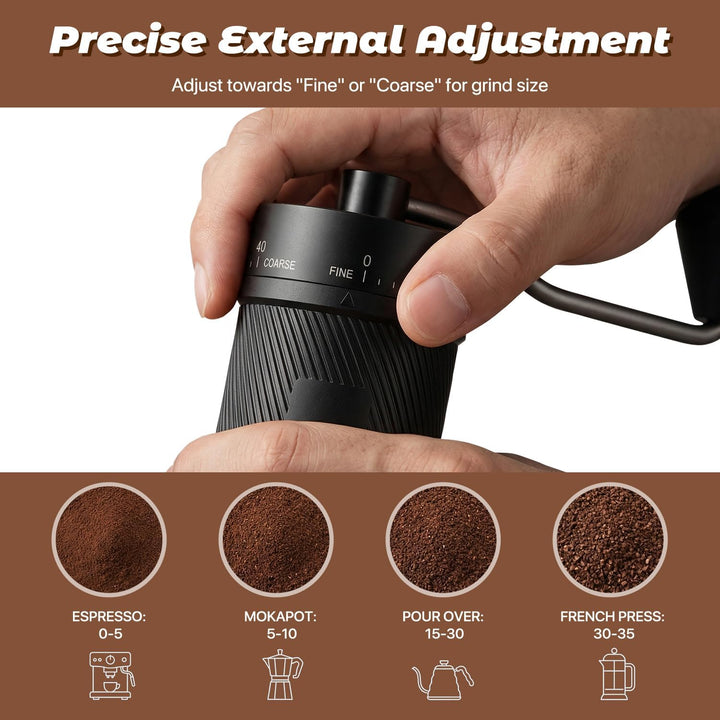 Manuelle Kaffeemühle mit 40 extern einstellbaren Mahlstufen, tragbare Kaffeemühle für Espresso, Pour
